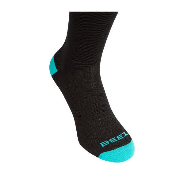 Calza ciclismo Bee1 leggera colore nero e azzurro con lavorazioni su piede e gamba