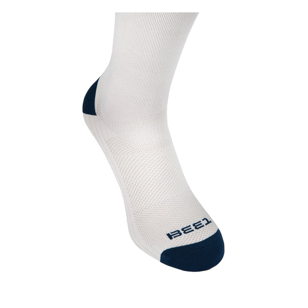 Calza ciclismo Bee1 leggera colore bianco e blu con lavorazioni su piede e gamba